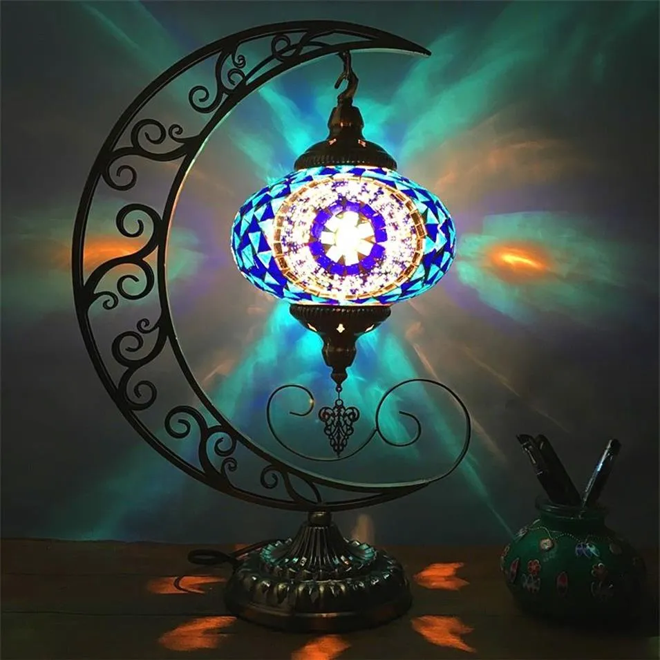 Retro Folk Style Moon Chambre romantique salon Restaurant Cafe El Handmade Mosaic Glass Turkish Lamp252C