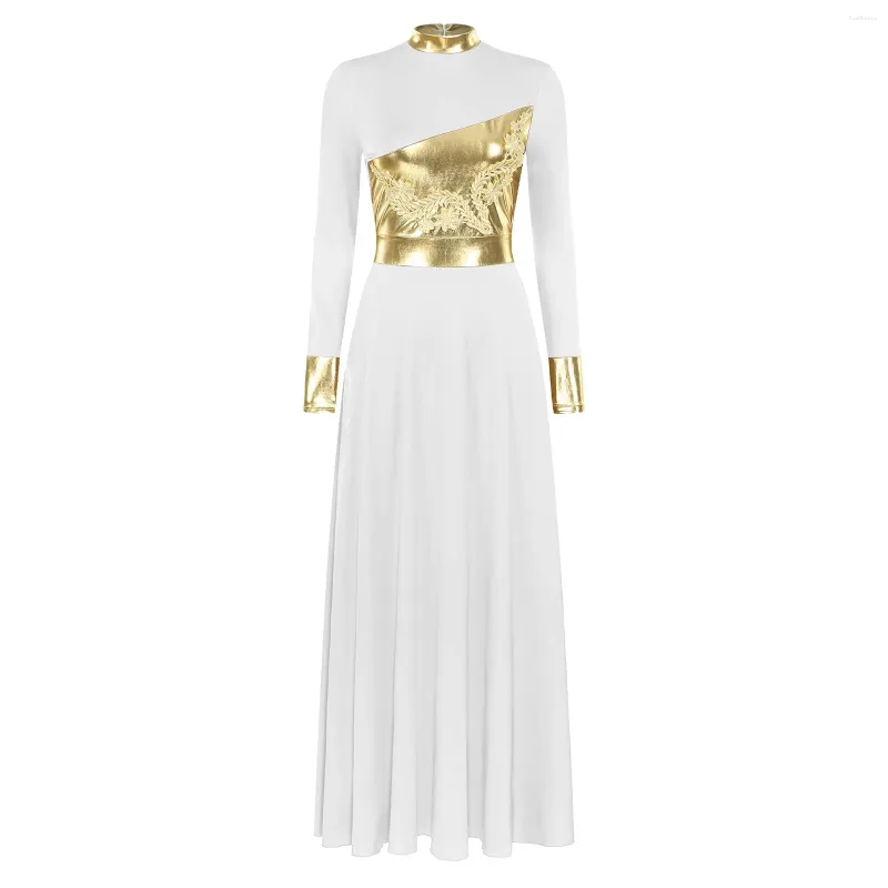 Praise Dance Dress Women Women's Metallic Bell Sleeve Praise Dance Dress – Full Length Liturgical Worship Costume With Ruffle Skirt