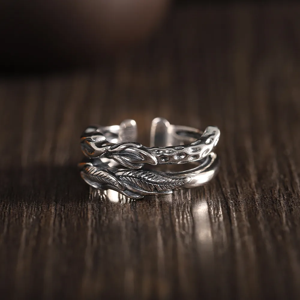 S925 Sterling Silver Retro Leaf Double-Layer مجوفة خاتم أزياء المجوهرات للجنسين المجوهرات