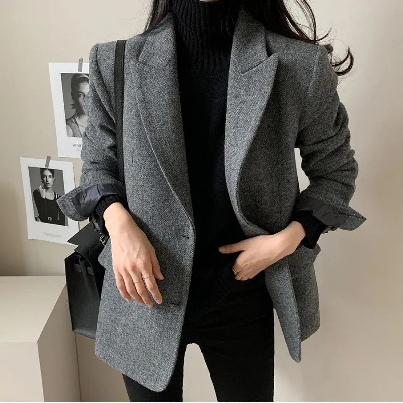 Wool Loose Women Blazer Fashion Office Ladies Button Up Turn Down Collar Coats Vintage Chic Jacket 2312222222222220