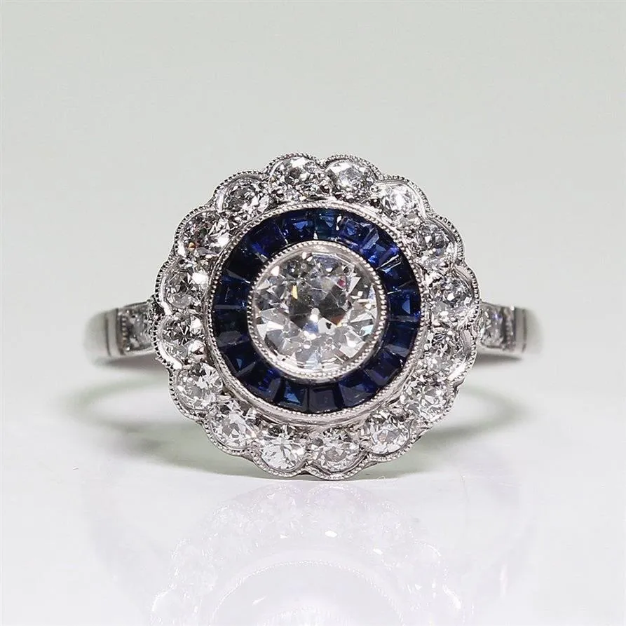 Silver Plated Round Sapphire Ring for Exquisite Women Bride Princess Wedding Engagement Ring US Size 5-13347Z