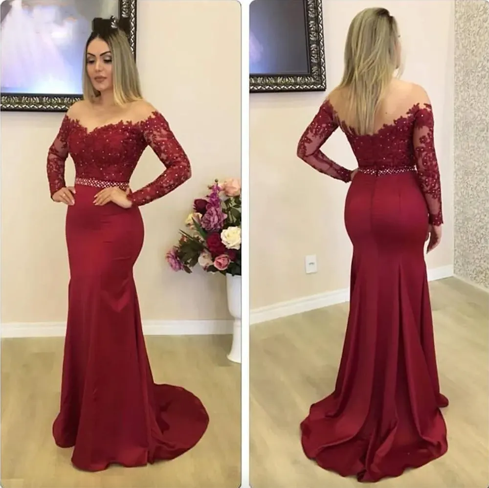 Bourgogne Long Mermaid aftonklänningar 2024 Scoop långa ärmar spetsapplikationer pärlor formell kändis prom party klänning vestido de noite