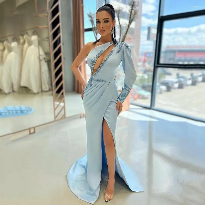 Party Dresses Light Blue Sexy Halter Trumpet One Long Sleeve Prom Dress Women Vestido Side Slit Satin Pleat Beaded Appliques Simple Gowns