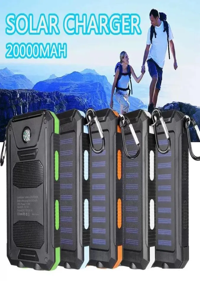 20000MAH PORTABLE SOLAR POWER BANK LADGING mobiltelefonladdare med dubbla USB -laddningsportar LED Light Carabiner Compasses6372472