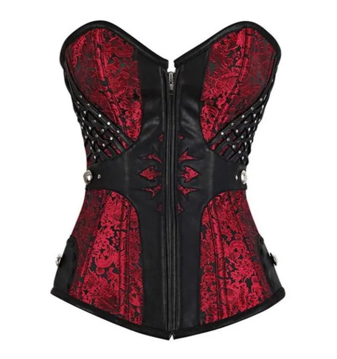 Mesh rouge sexy femme steampunk bustier gothique plus taille zipper bustier lace up up overbust corsage train entraîneur corset s6xl4839646