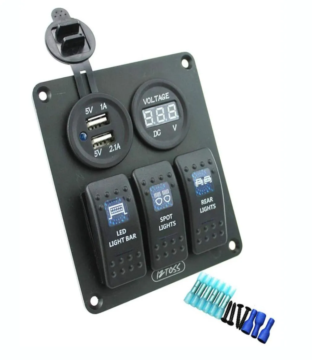 3 Painel de interruptor de gangue com soquete de potência 31a kits de fiação USB dupla DC12V24V para veículos de carro de carro marinho de barcos RV Blue LED217206108243