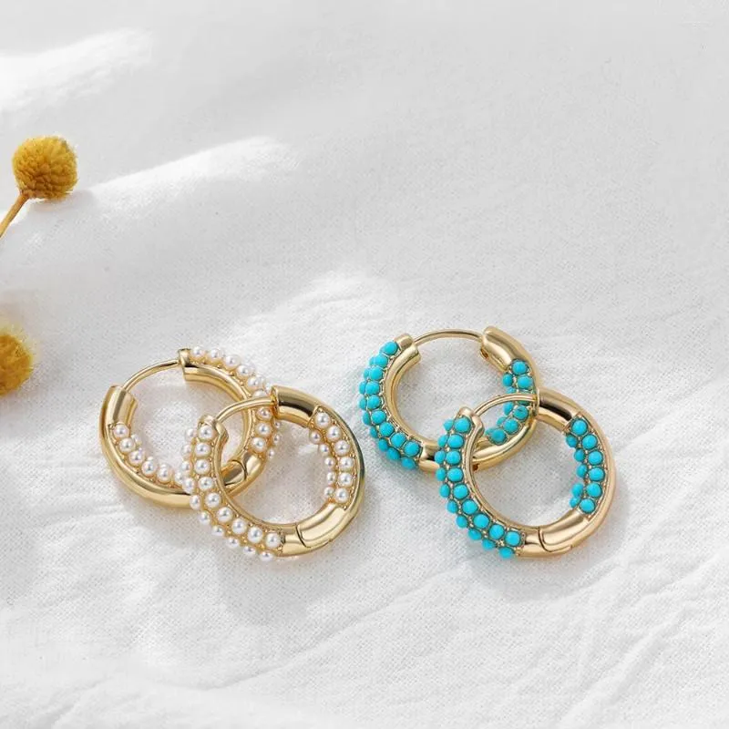 Hoop Earrings 2023 Trendy Gold Color Copper Round Circle For Women Small Simulated Pearls Huggie Hoops Korean Jewelry