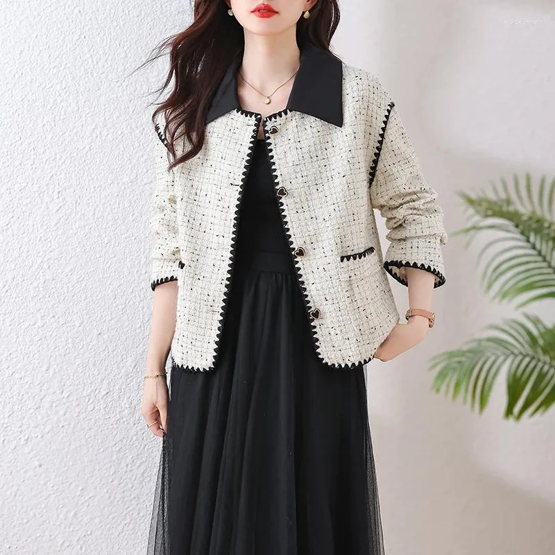 Damesjassen Vintage wollen Koreaanse elegante tweed Coats Autunn o nek slanke casual kantoor dame dame single breasted hit kleur bovenkleding