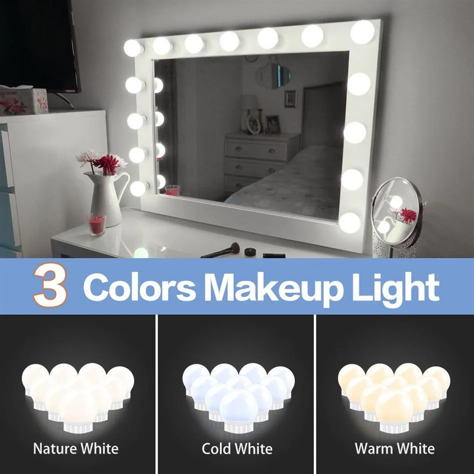 LED 12v Makeup Mirror Mirror Bulb Iollywood Vanity Lights Stepless Dimmable Mur Mur 6 10 Kit 14Bulbs pour coiffeuse LED0102399