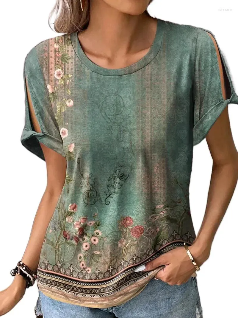 Women's Blouses Summer T-shirt korte mouwen Ethnische stijl Etnische stijl Pullover Casual losse ronde nek Bodem afdrukken Comfortabele vintage dagelijkse blouse