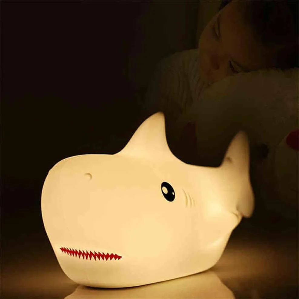 Shark Night Light Touch Sensor Soft Silicone Lamp schattig dier voor babyjongen kinderen kamer decoratie USB oplaadbare 7 kleuren W220328W
