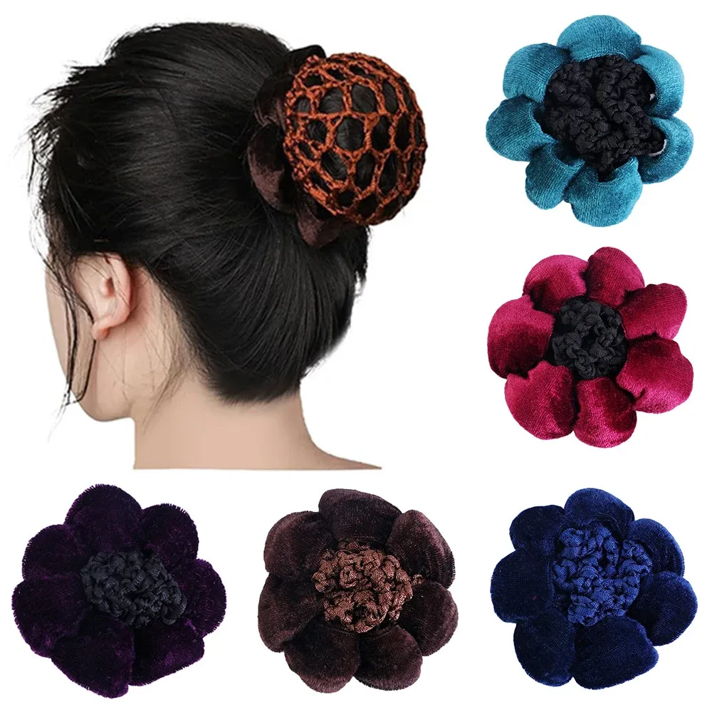 BUN COVER SNOOD HÅRNETS VELVET Virkablommor Flower-form Elastisk hår Net Ballet Dance Hair Styling Tool Headwer Hair Accessories