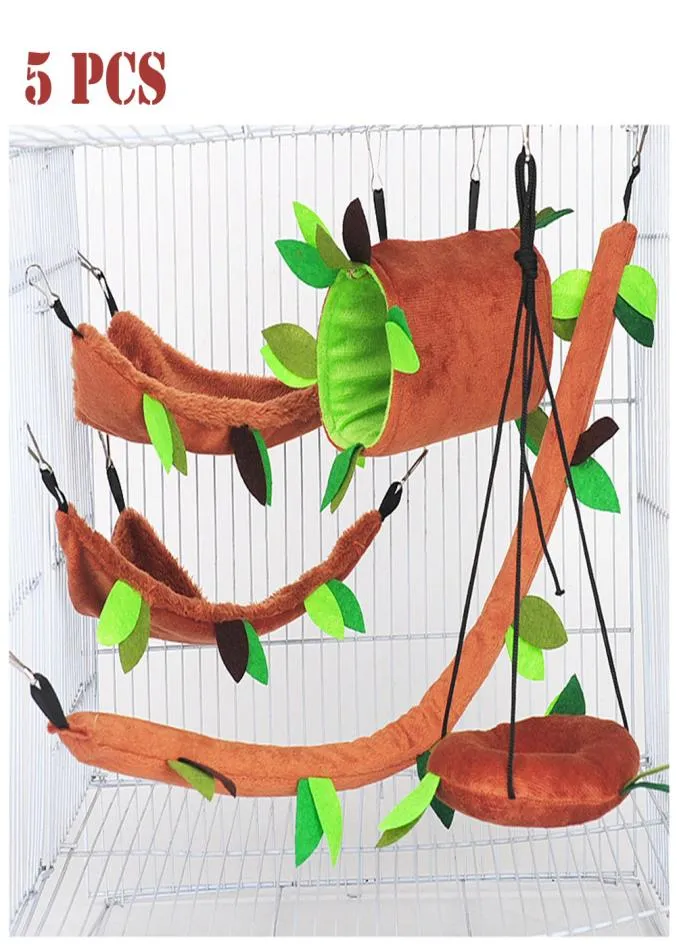 SEIS 5pcs Hamster Hanging Cage Accessories Set Leaf Wood Design Small Animal Hammock Channel Ropeway Swing Guinea Pig Rat Birds Sq1543154