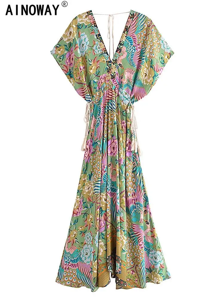 Dresses Vintage Chic Women Peacock Floral Print Bat Sleeve Beach Bohemian Maxi Dresses Ladies V Neck Tassel Summer Rayon Dress