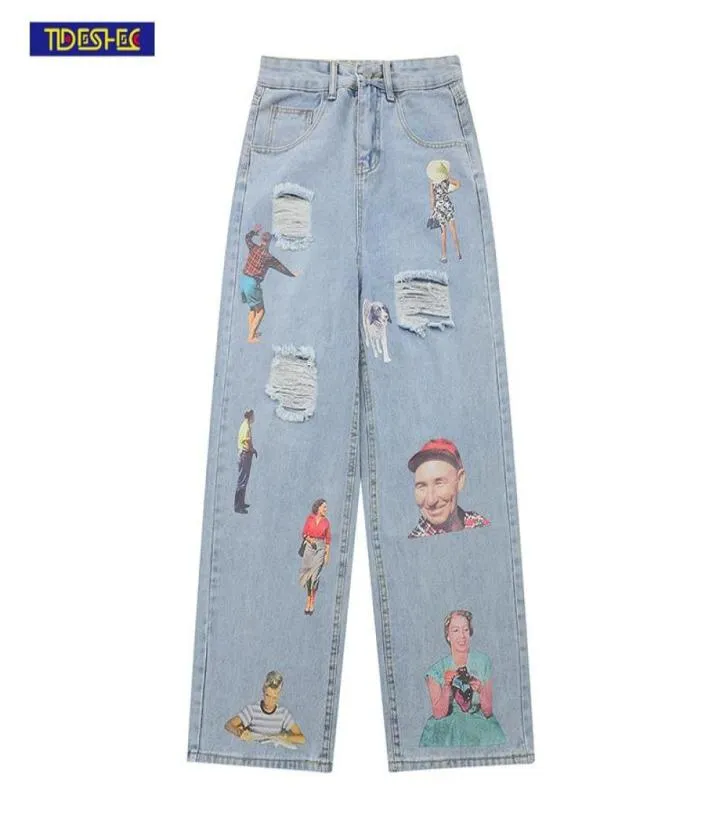 Men039s Jeans Hip Hop Hole 70s 80s Portrait Print Painted Pants Mens Streetwear Oversize Retro Vibe Syle Denim Trousers Loose444154692077