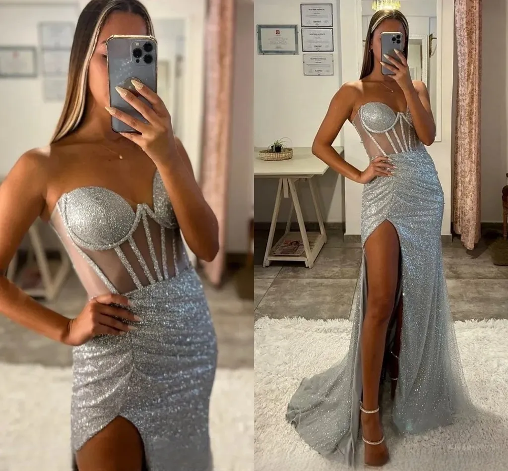 Sexy zilveren pailletten avondjurk 2024 sweetheart bot bodice split glitter formeel feest prom jurken gewaad de soiree casamento