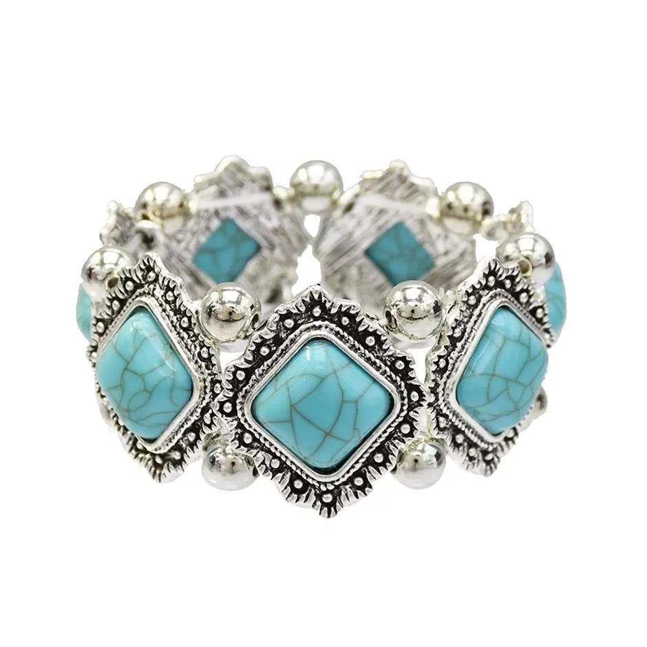 Vintage Silver Metal Turquoise Acrylic Beads Bracelets for Women Bohemian Party Jewelry240w