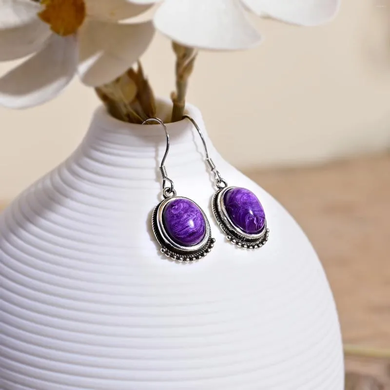 Dange oorbellen Hoogwaardige 925 Sterling Silver Natural Charoite Drop for Women Luxury Ear Hoop Jewelry cadeau