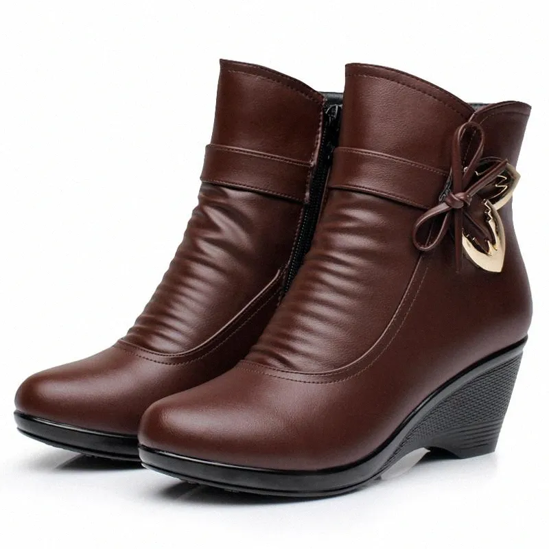 Нескользящие удобные зимние ботинки, женская модная обувь на высоком каблуке на танкетке, женская обувь из натуральной кожи 92fq
