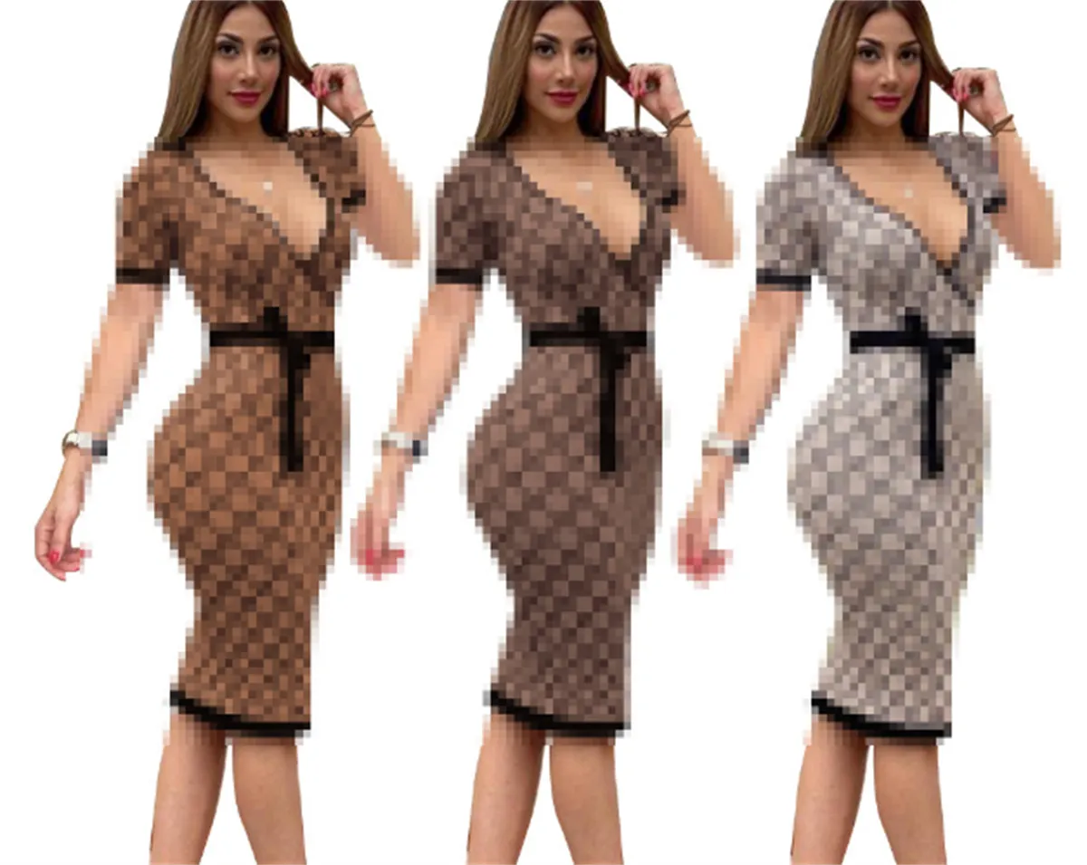 Kvinnaklänningar designer casual klänningar kort ärm v-ringning bodycon sexig fest elegant midi klänning smal maxiskirt vestido office club blus