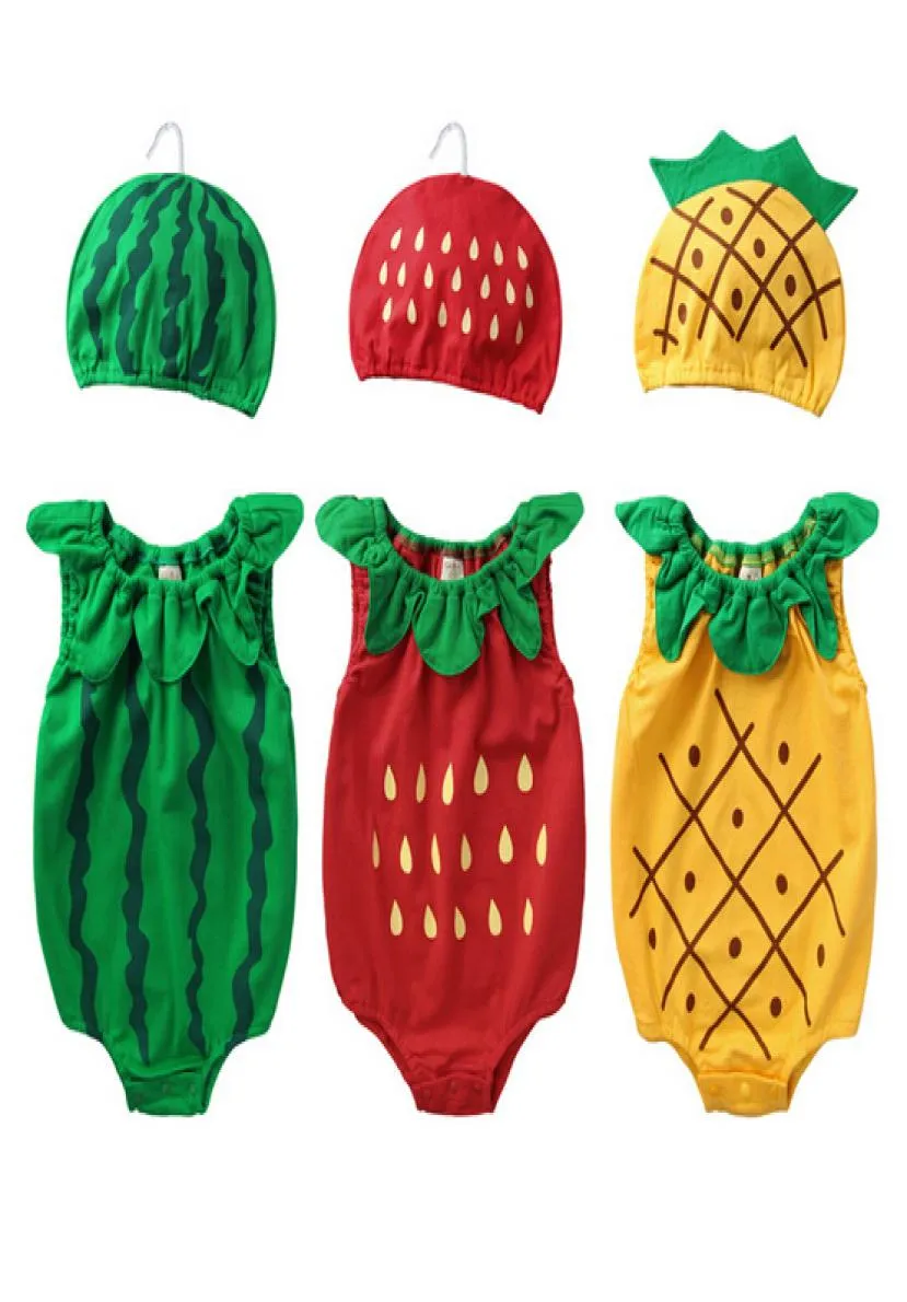 2019 Summer Baby Onepiece Romper Romper Fruta Cute Frute Pure Cotton Cotdle Costume com Hat Recém -nascido Roupas de bebê 708090 9SetLot2628044