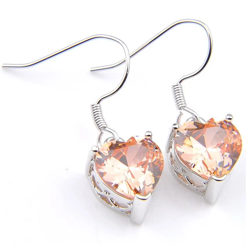 Luckyshine Morganite Cœur en forme de boucles d'oreilles Femmes bijoux cadeau 925 Boucles d'oreilles à crochet zircon en cristal argenté 289h