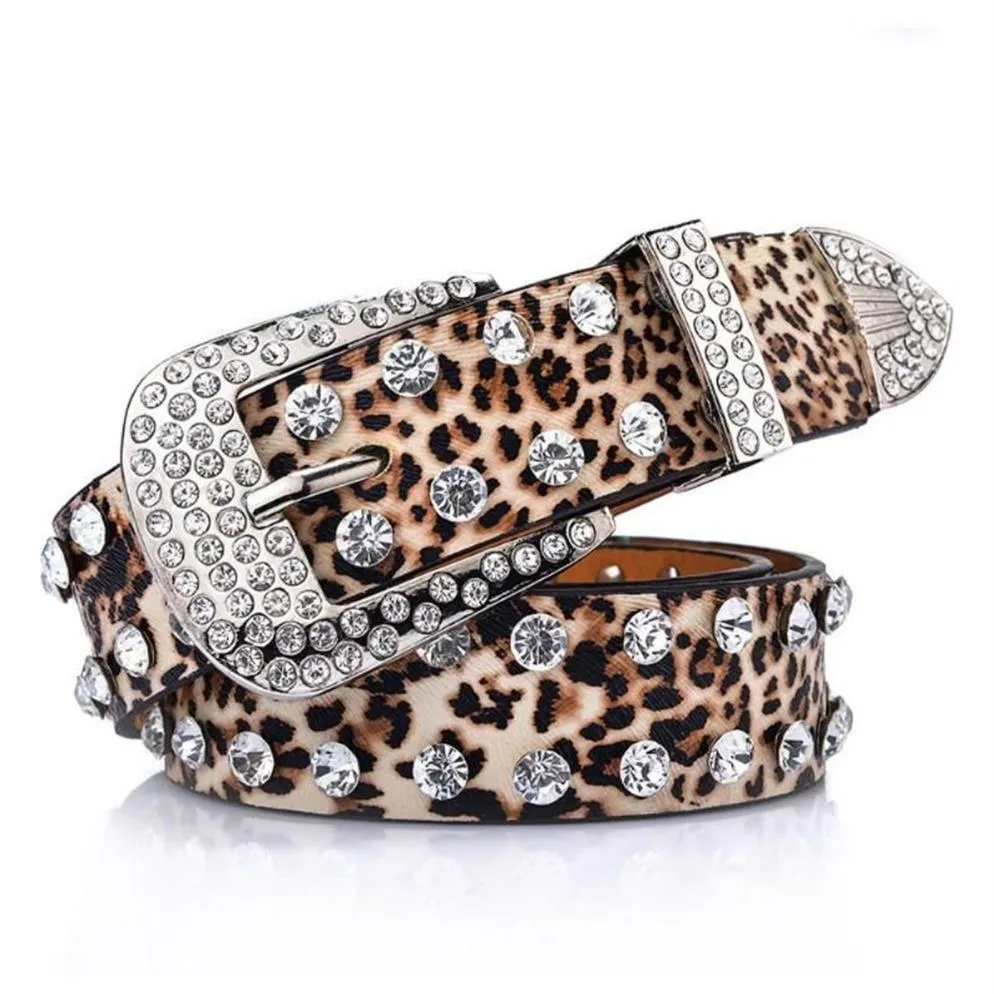 Cinture donne donne leopardo rhinestone intarsiata intaglio con fibbia cintura in pelle facrinata fibbia 345j