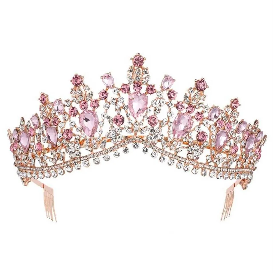 Baroque Rose Gold Pink Crystal Bridal Tiara Crown With Comb Pageant Prom Veil Headband Wedding Hair Accessories 2110062733