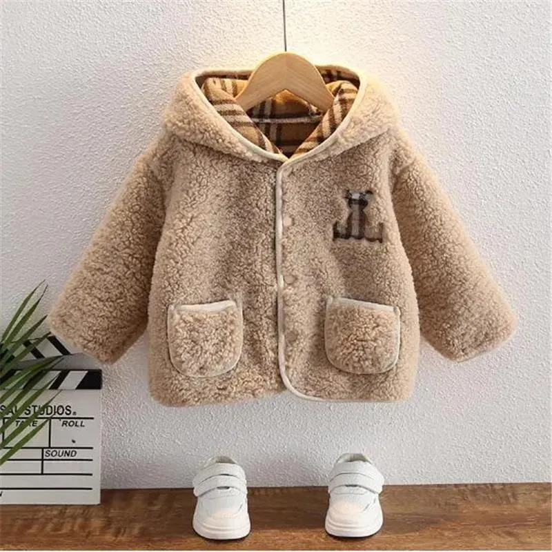 Jackets Hot Sales Winter Children Plush hooded jacket Boy Clothing 2 Colors Plaid Girls Coat England Style Mediumlong Singlebreasted Tre