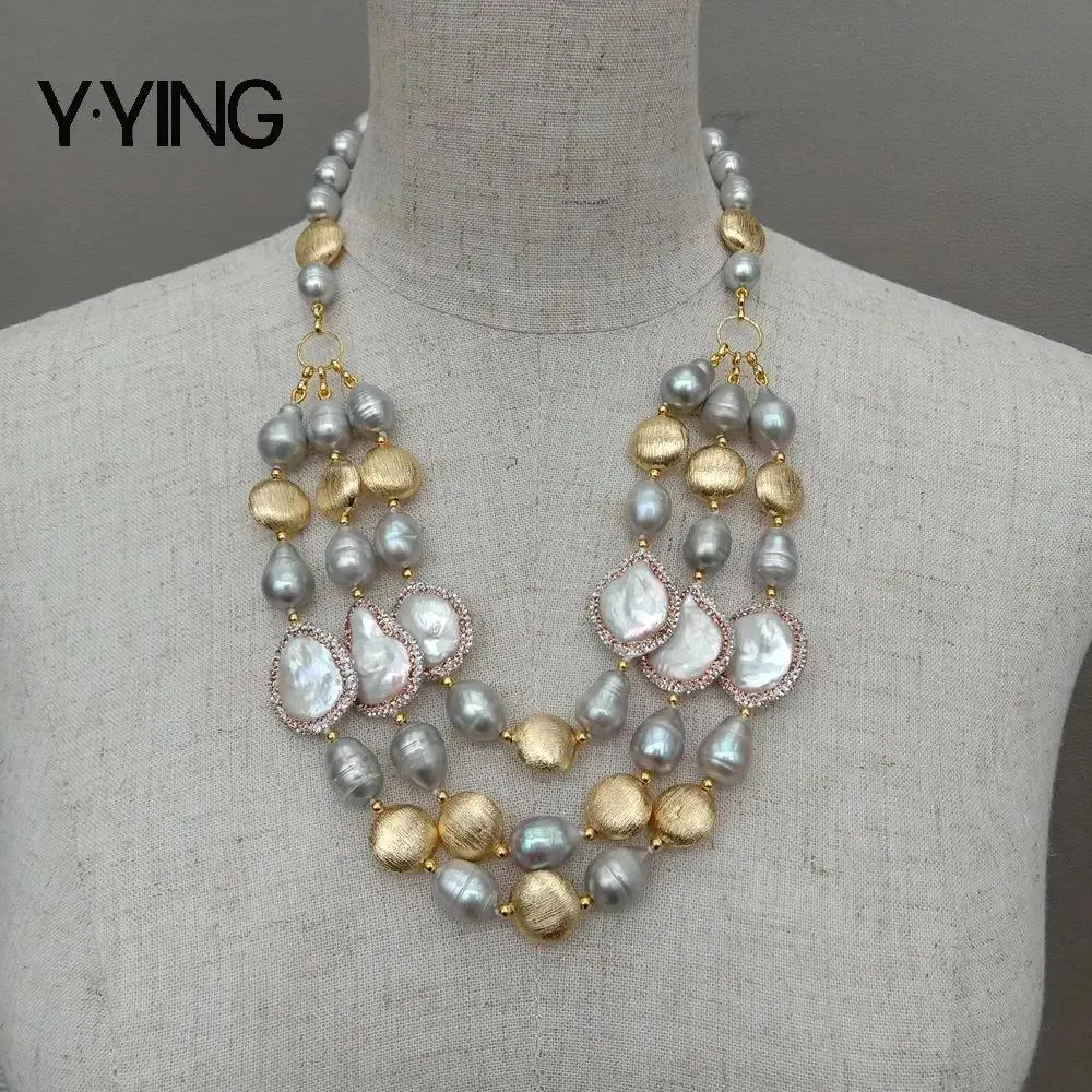 Necklaces 3 Rows Freshwater Cultured Gray Rice Pearl White Coin Pearl Necklace For Women