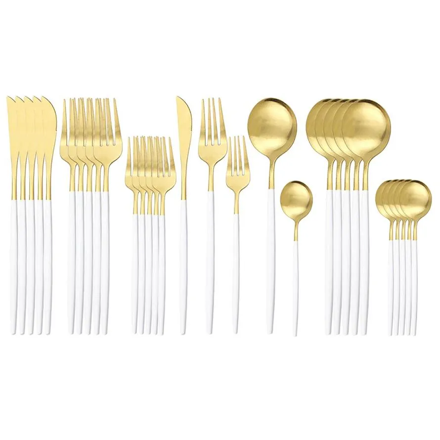 30Pcs White Gold Cutlery LNIFE Dessert Fork Spoon Dinner Tableware Stainless Steel Dinnerware Kitchen Silverware Set 201128264A