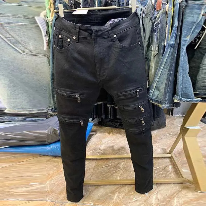 Mäns jeans män jeans byxor koreanska blixtlås lapptäcke män zip byxor denim rak pant manlig streetwear hip hop vintage mode jeans byxor j231222