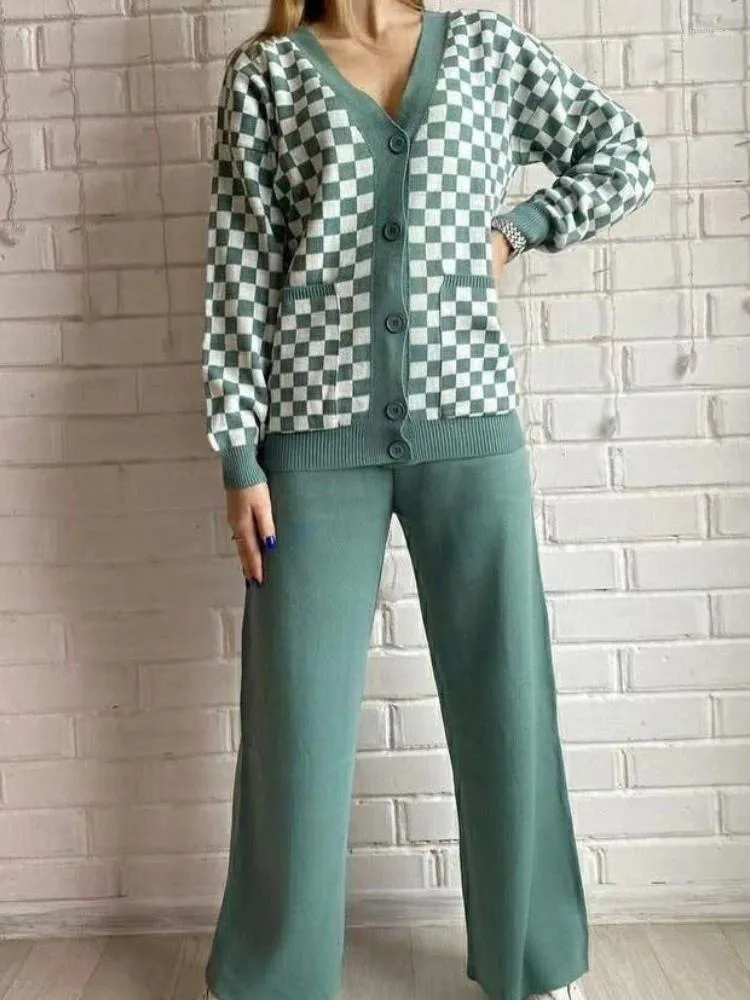 Pantalon à deux pièces pour femmes Suit en tricot d'automne en damier d'hiver Cardigan Veste décontractée Ensemble 2 ensembles Bénéfices pour femmes