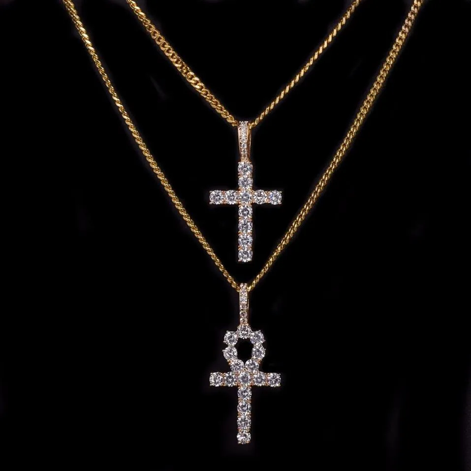 Iced Zircon Ankh Cross Necklace Jewelry Set Gold Silver Copper Material Bling CZ Key To Life Egypt Pendants Necklaces243j