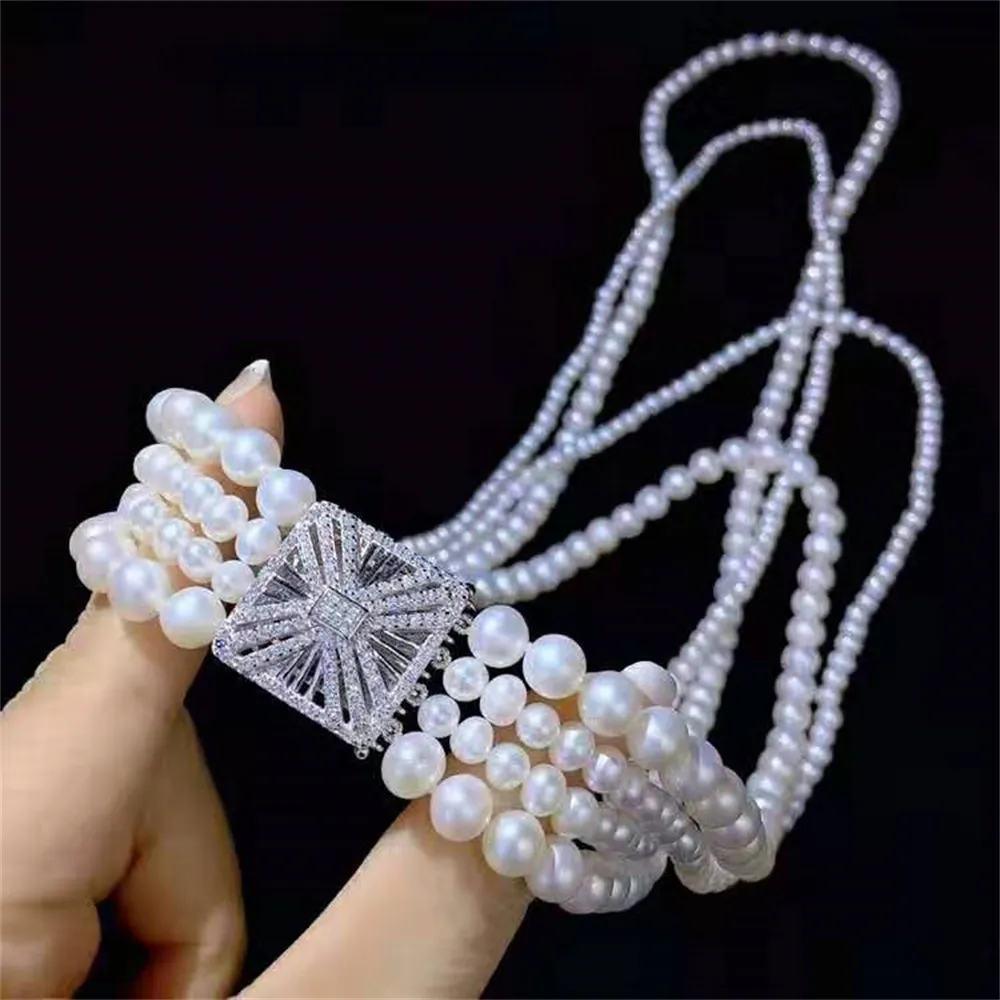 Handgemaakte 4strands witte zoetwater parel ketting micro-inleg zirkon accessoires knop trui ketting lang 48-75 cm