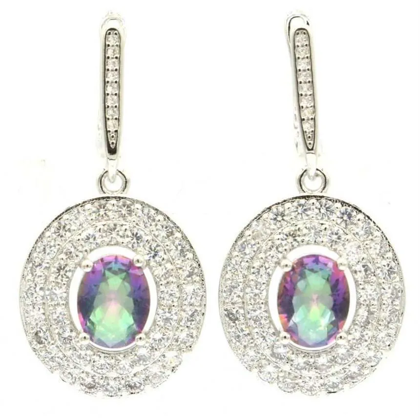 38x18 mm Recomendado altamente creado Fire Rainbow Mystic Topaz White Cubic Zircon Pendientes plateados para mujeres Dangle Chandel191a