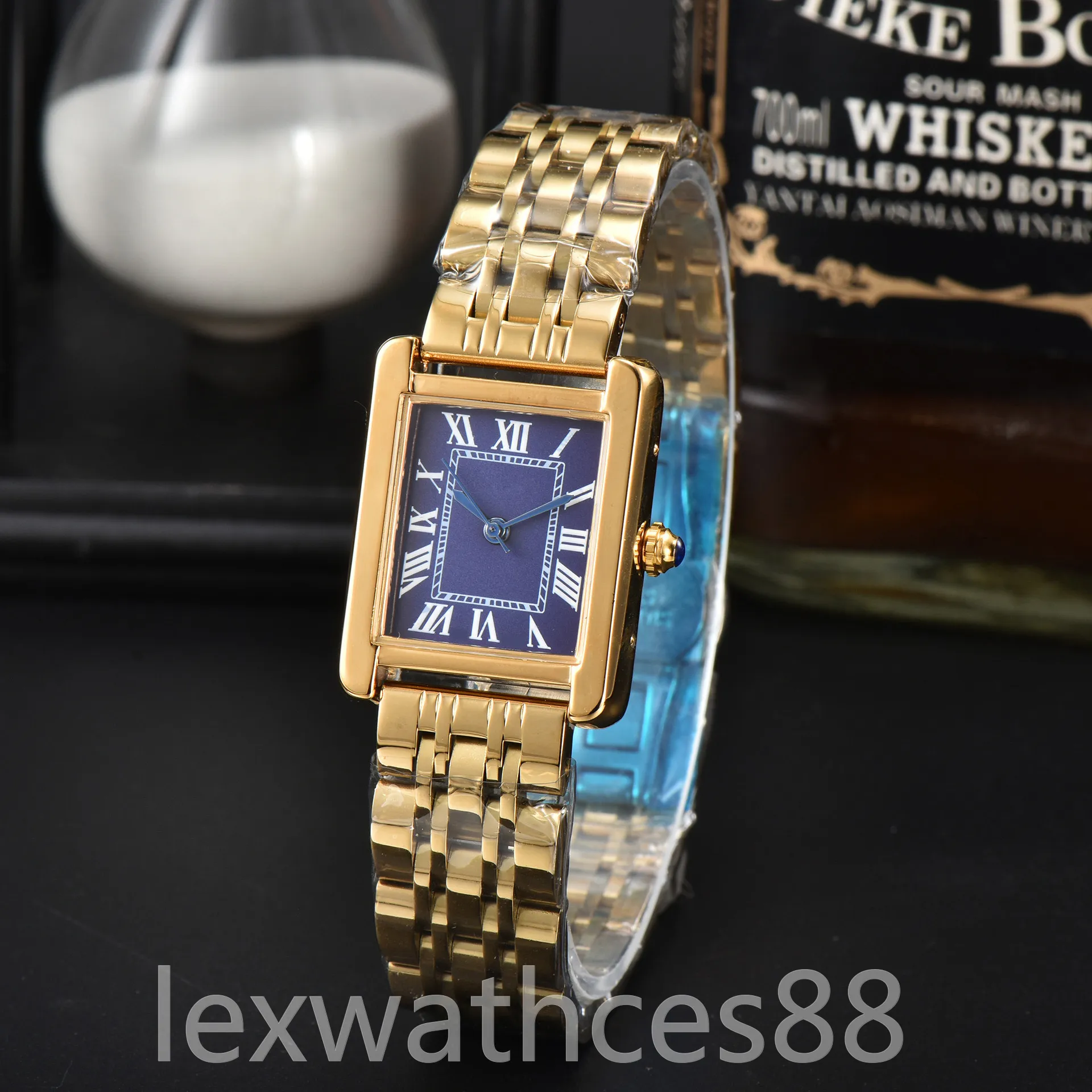 Luxe Vast Stalen Mini Vierkant Horloge Met Blauwe Stalen Wijzer