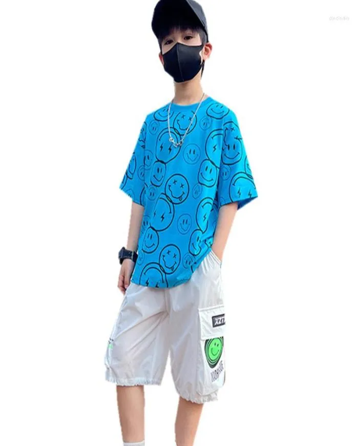 Kledingsets Teen Boys Summer Cotton Set Kinderen Korte mouw T -shirts Cargo Shorts 2PCS Kinderkledingpak 5 7 9 11 13 14 Jaar5281314