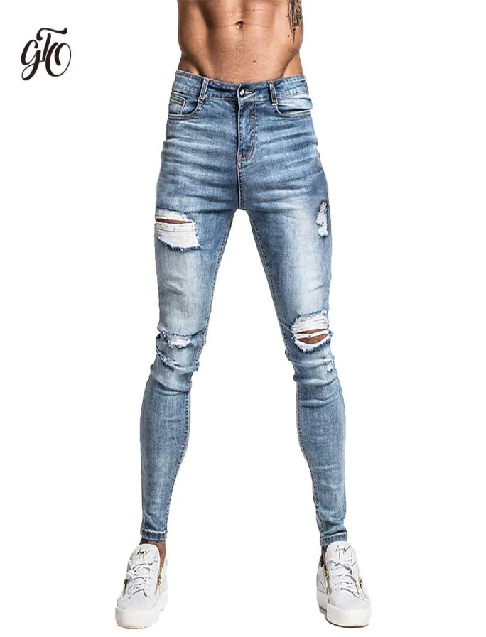 Gingto Skinny Jeans für Männer verblasst blau zerrissener Stretch Hip Hop Slim Fit Hosen Superspray auf repariertes Plus -Größe Zm45 Y13537662