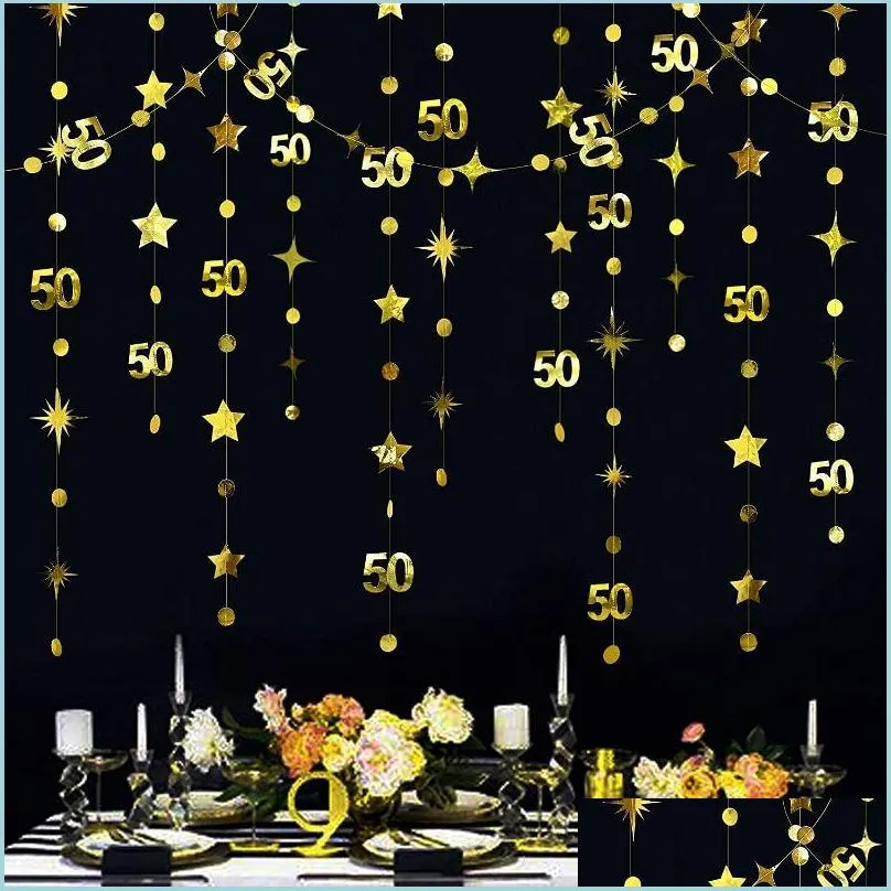 Party Decoration Gold 50 Year Happy Birthday Banner Streamer för bakgrunder 50 -årsjubileer Age Star Dots Garlandsparty Drop Delive Dhu3q