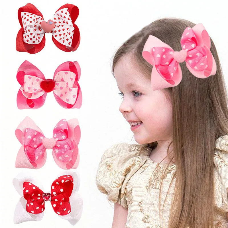 Sevgililer Günü Çocuklar Çift katmanlı yaylar saç tokaları kızlar şeritli grup el yapımı yay barrettes çocuklar kalp polka dot bowknot saç aksesuarları