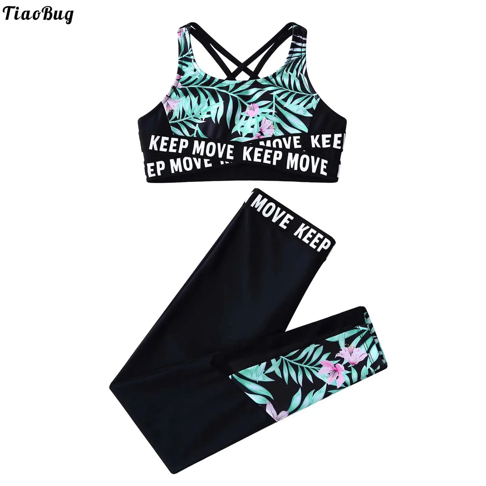 Väskor Tiaobug Kids Girls Floral Print Sportkläder Set ärmlös rund halsringning Skörd med byxor Patchwork Yoga Gym sportkläder