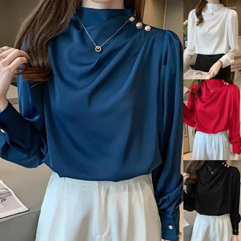 Women's Blouses Women Long Puff Sleeve Satin 2023 Chiffon Tops Elegant High Collar Red White Blue Ladies Button Shirts Blusas Femininas