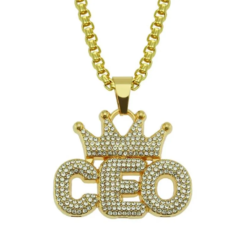 Ship Hop Rhinestones Bling Bling Iced Out Crown CEO Pendants Necklace for Men rapper Jewelry Drop 240Z