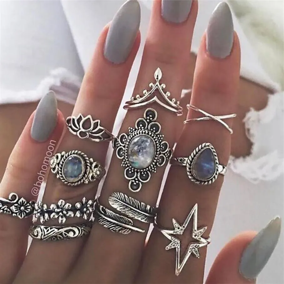 Juego de anillo de nudillo Retro Diamante Tallado Gemstone Starry 11 Piece Set Boho se puede superponer el anillo de Silver236m