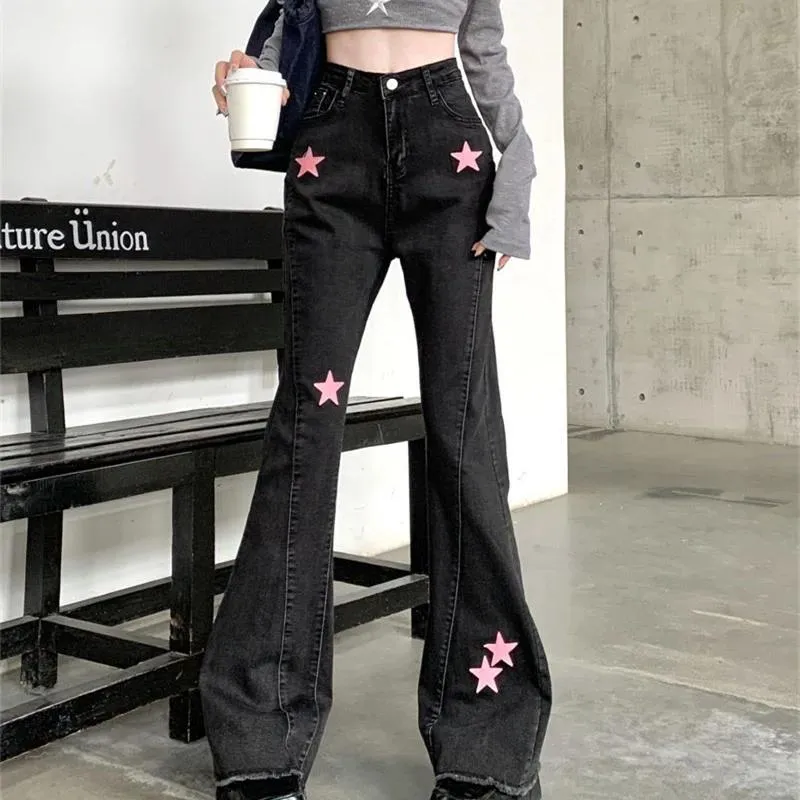 Dress Streetwear Pink Star Applique Jeans Woman High Waist Y2k Flared Jeans 4XL Korean Fashion Wide Leg Pants Female Vintage Trousers