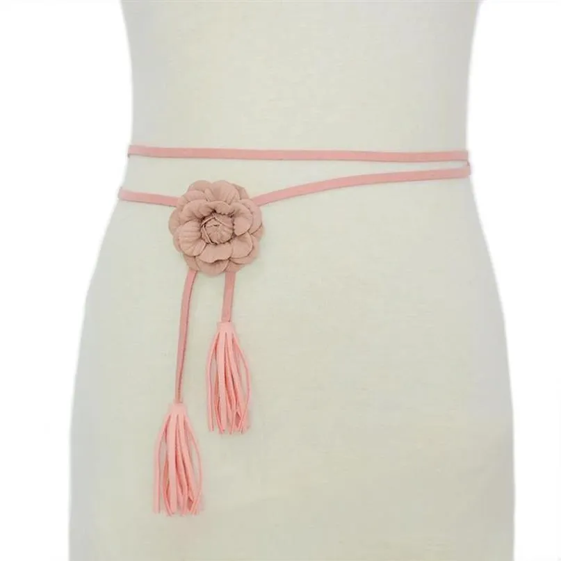 Belts Women's Waist Rope Lotus Shape Tassel Self Knot Thin Belt Black Khaki Pink Brown Beige Dress Bow Chain Bg-1655234S
