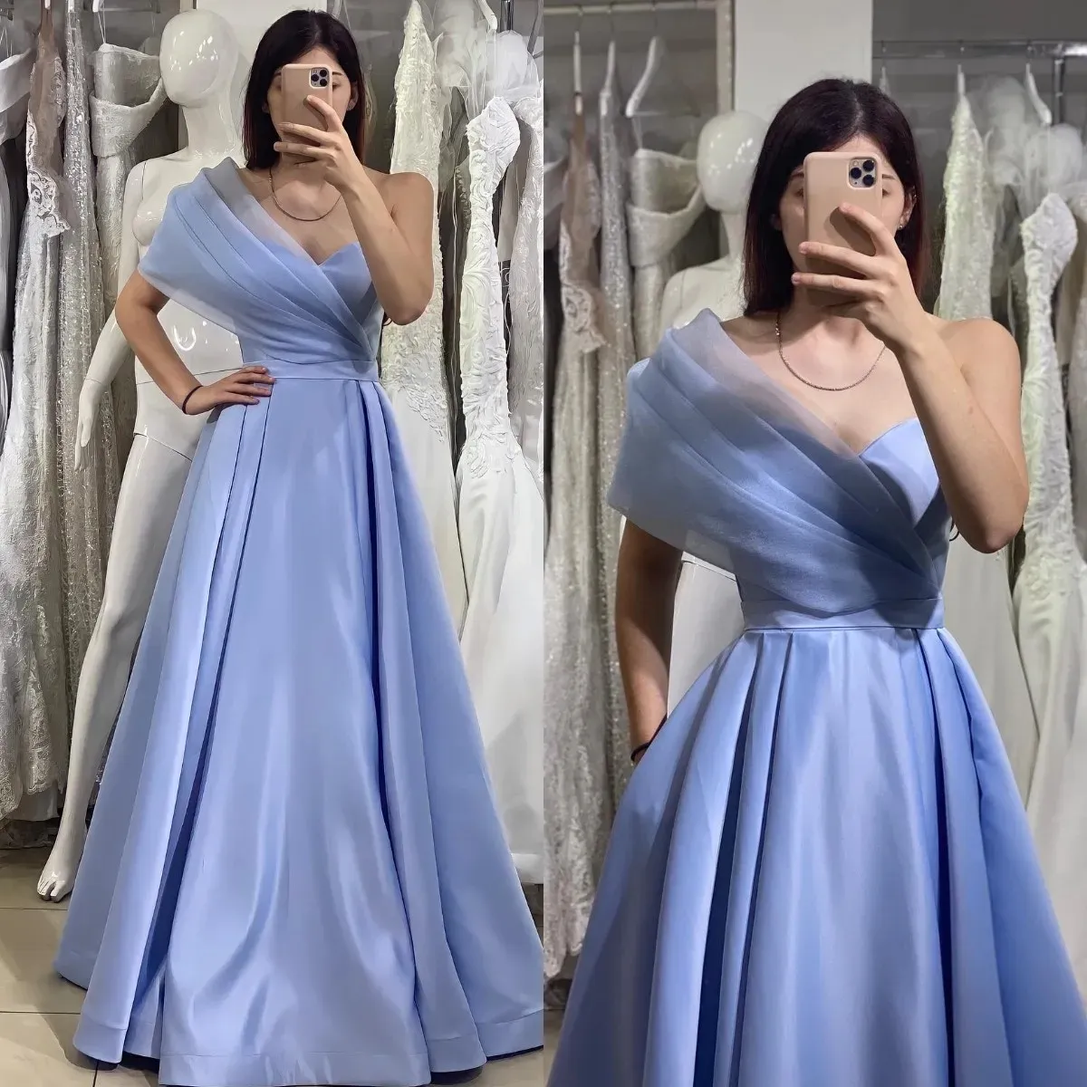 NUEVO diseñador Vestido de noche de color azul bebé 2024 Un hombro Slube Satin A-Line Longitud de la fiesta formal GOWNS DE PROMA ROBE DE SOIREE Casamento