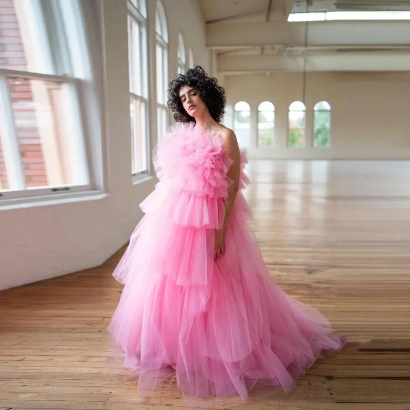 Casual Dresses Fluffy Pink Tulle For Women Pretty Strapless Ruffles Tiered Formal Party Dress Floor Length Puffy Tutu Prom Gowns