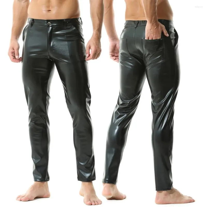 Erkekler Pantolon Erkek Zipper Sahte Deri Erkek Sokak Giyim Gece Kulübü Cepli Düz Pantolon Erkek Motosiklet Sahnesi Kısa